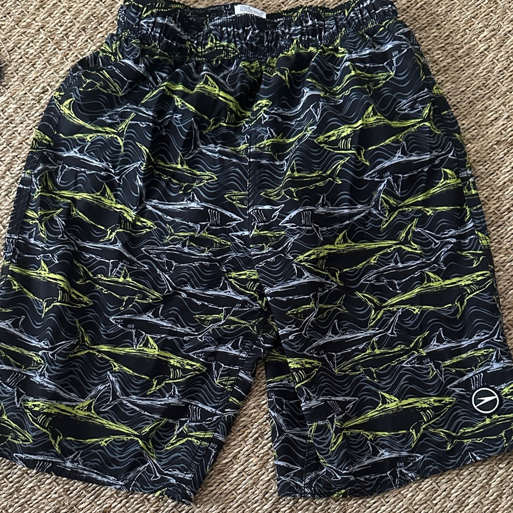 Speedo Black Swim Trunks with Lime Green and Gray Shark Print